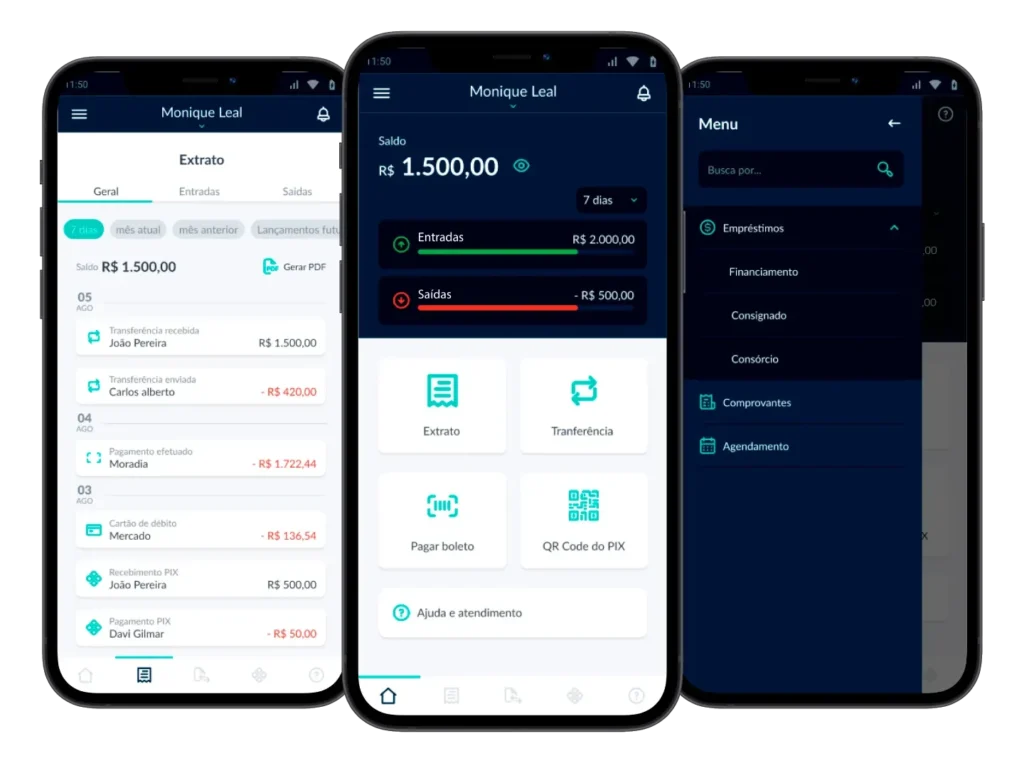 Novas telas de home, extrato e menu.